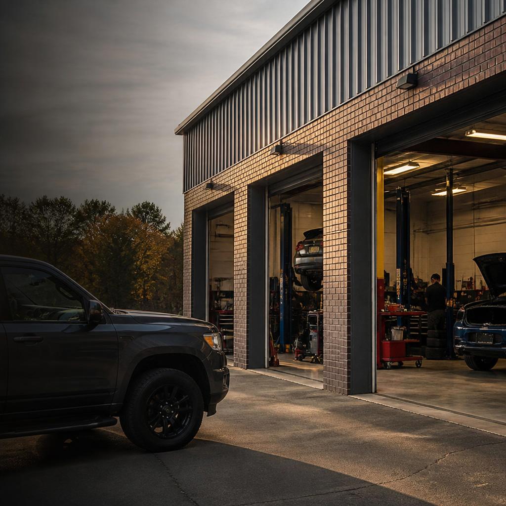 Illustrative automotive repair shop with open vehicle service bays